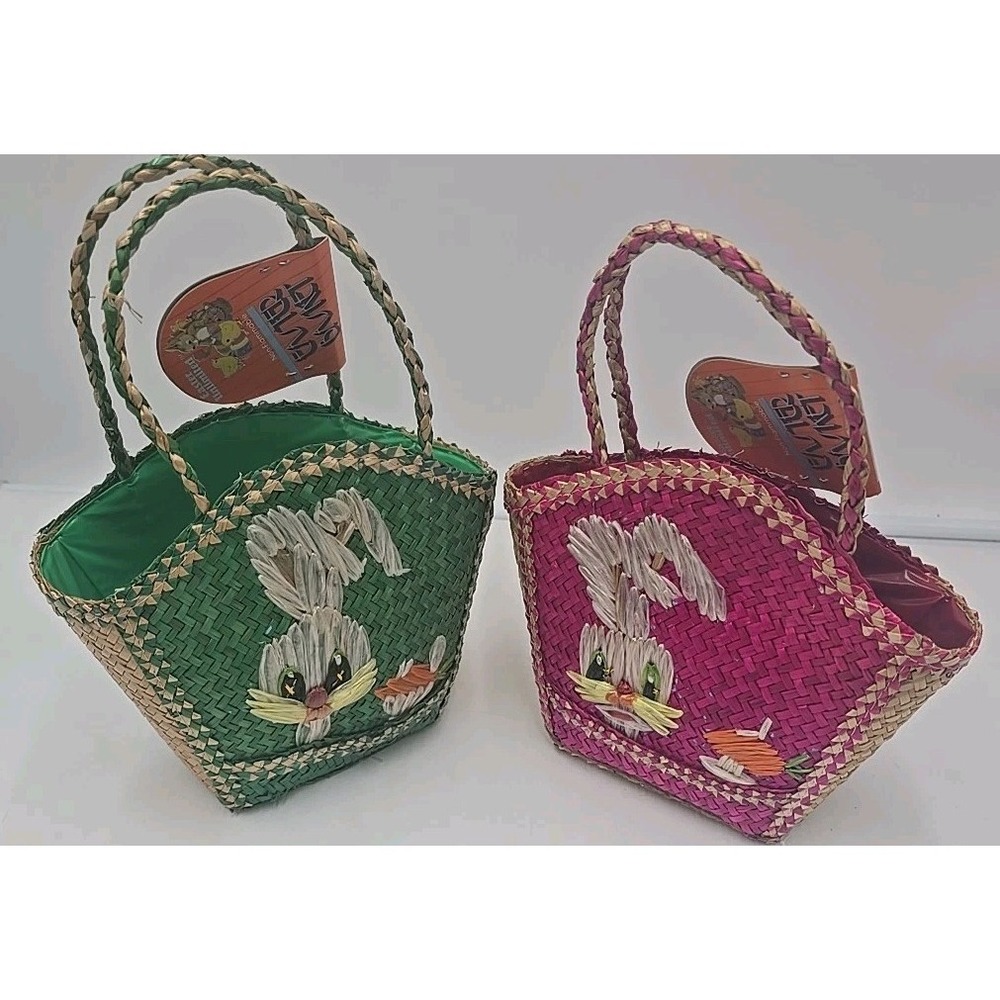 VTG Easter Basket Bunny Rabbit Woven Straw Purse Style Vinyl Lining Decorative B